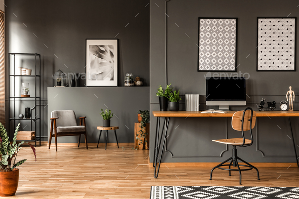 Grey home office interior Stock Photo by bialasiewicz | PhotoDune